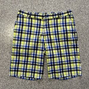 Slazenger Golf Shorts Mens 36 Plaid Flat Front 11" Inseam Yellow Blue